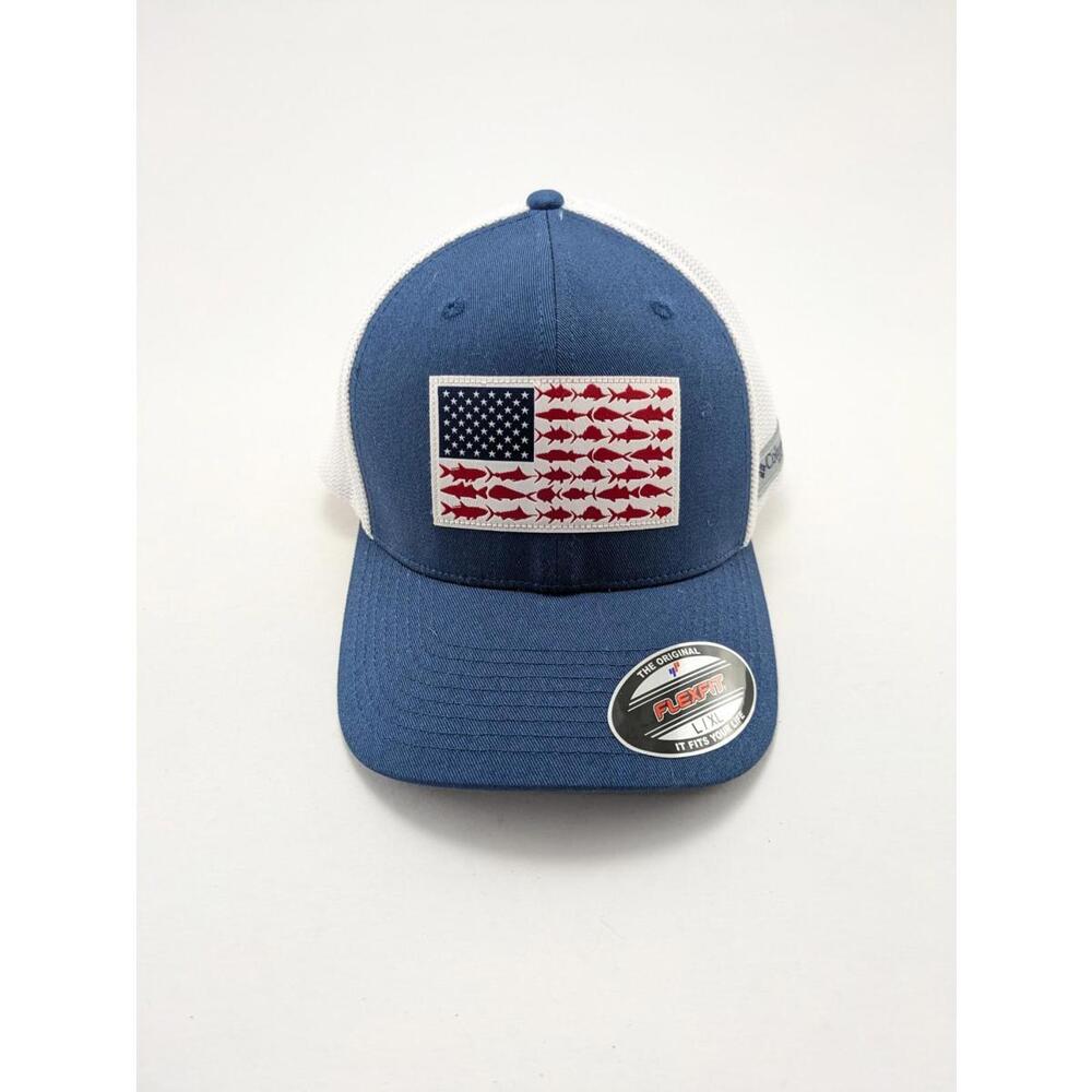 Columbia PFG American Flag Fishing White Mesh Back Flexfit Baseball Cap Hat L/XL